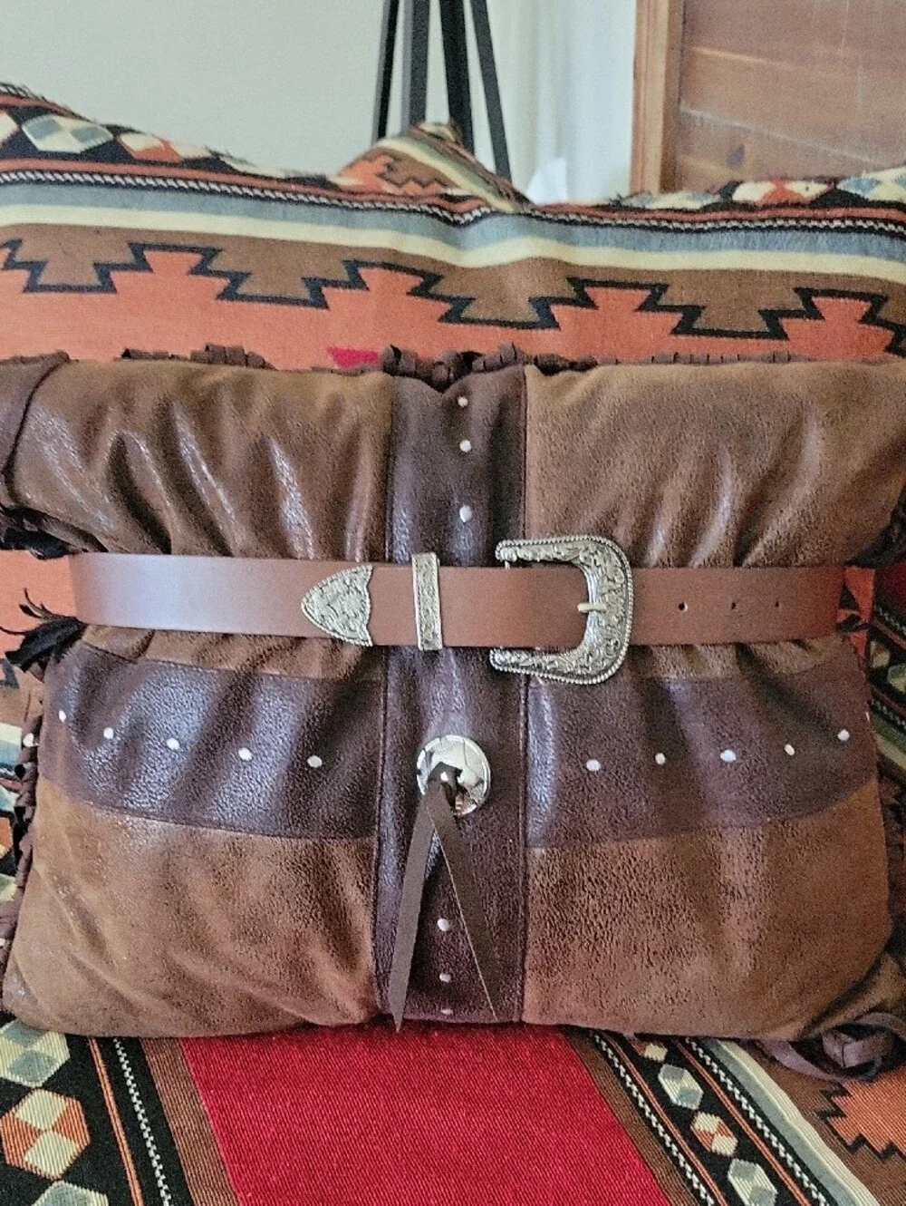 Brown Western Leather Belt with Silver Buckle